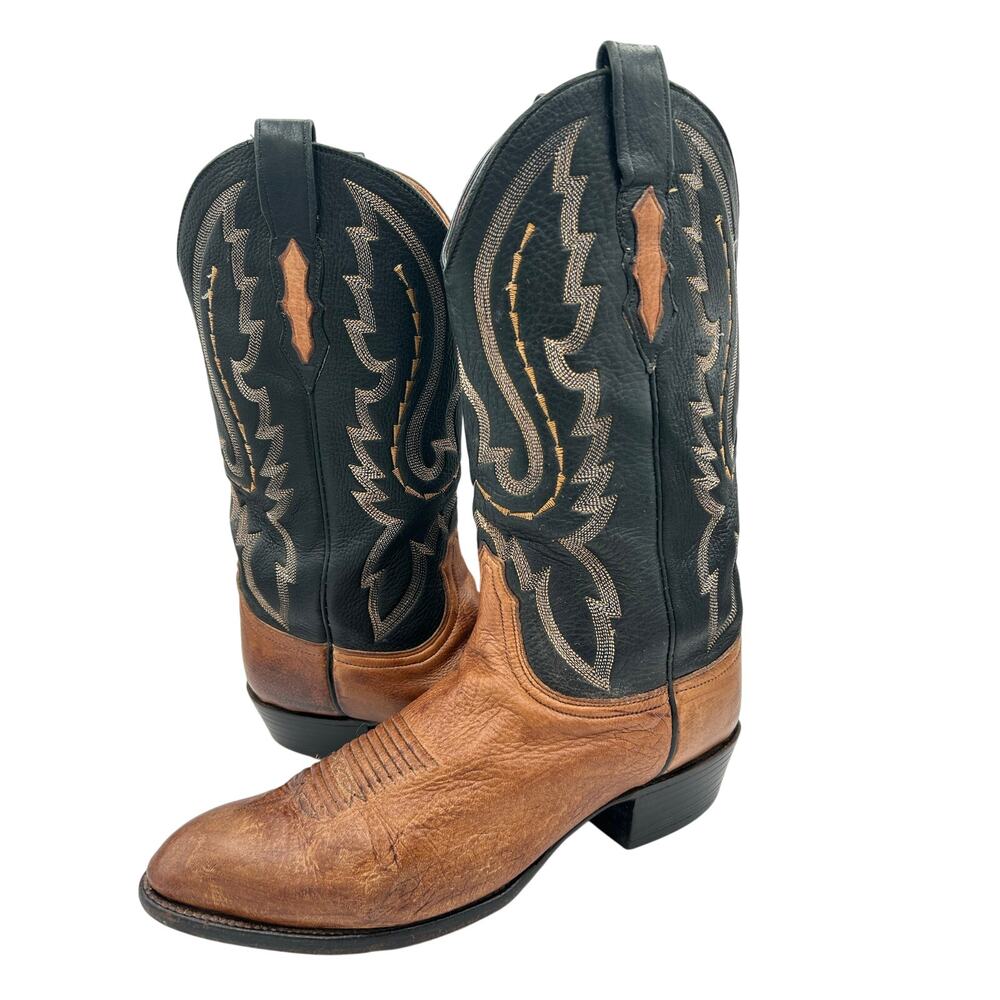 VINTAGE LUCCHESE 2000 Men’s Two Tone Cowboy Western Boots 10 Black Tan Leather